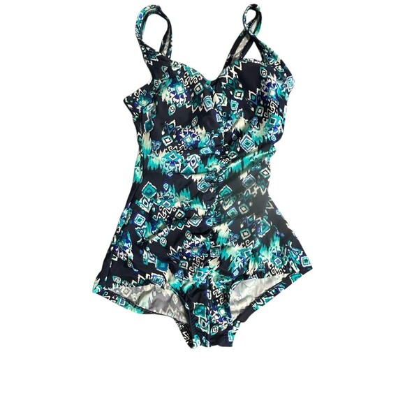 Maxine of Hollywood One-Piece Swimsuit Palm Tropical Blue  Rouched Sz 10 - Picture 1 of 7